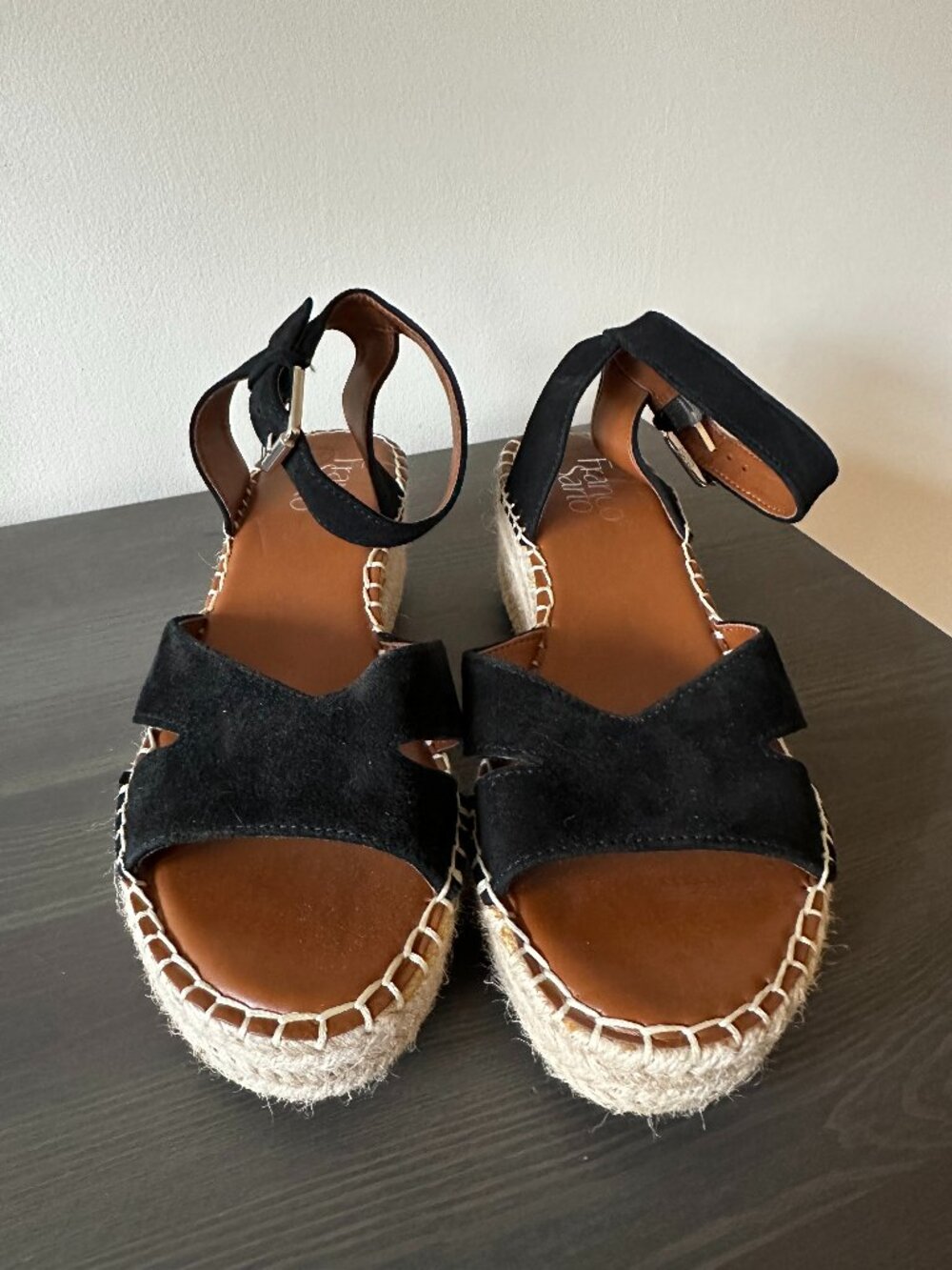 Franco Sarto Pellia Espadrille Wedge Black Suede Sandal 6.5